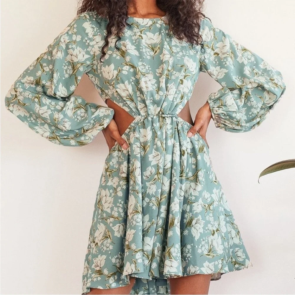 NWT Lulus First Blooms Dusty Blue Floral Print Long Sleeve Cutout Dress XL Mini - Picture 3 of 11